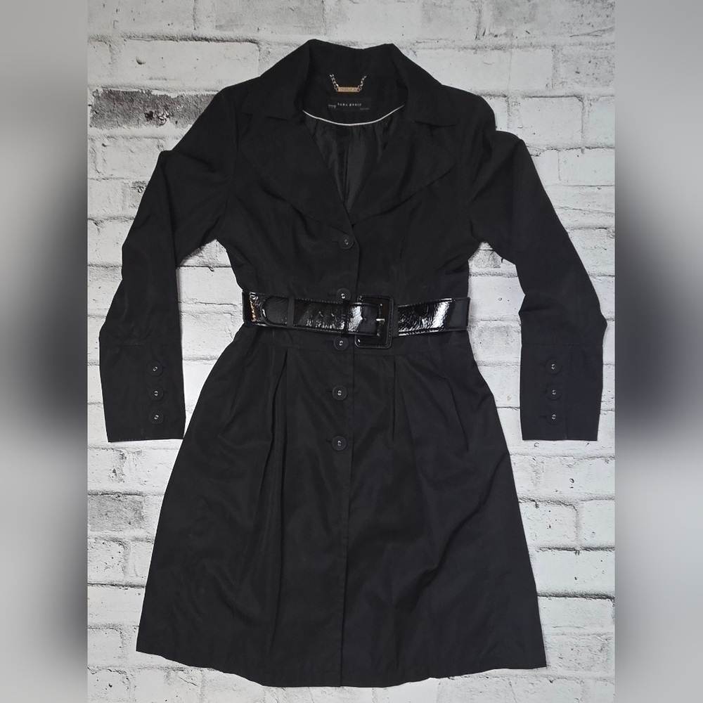 ZARA Black Belted Trench Coat Longline Classic Button Front Size Large - Picture 3 of 15